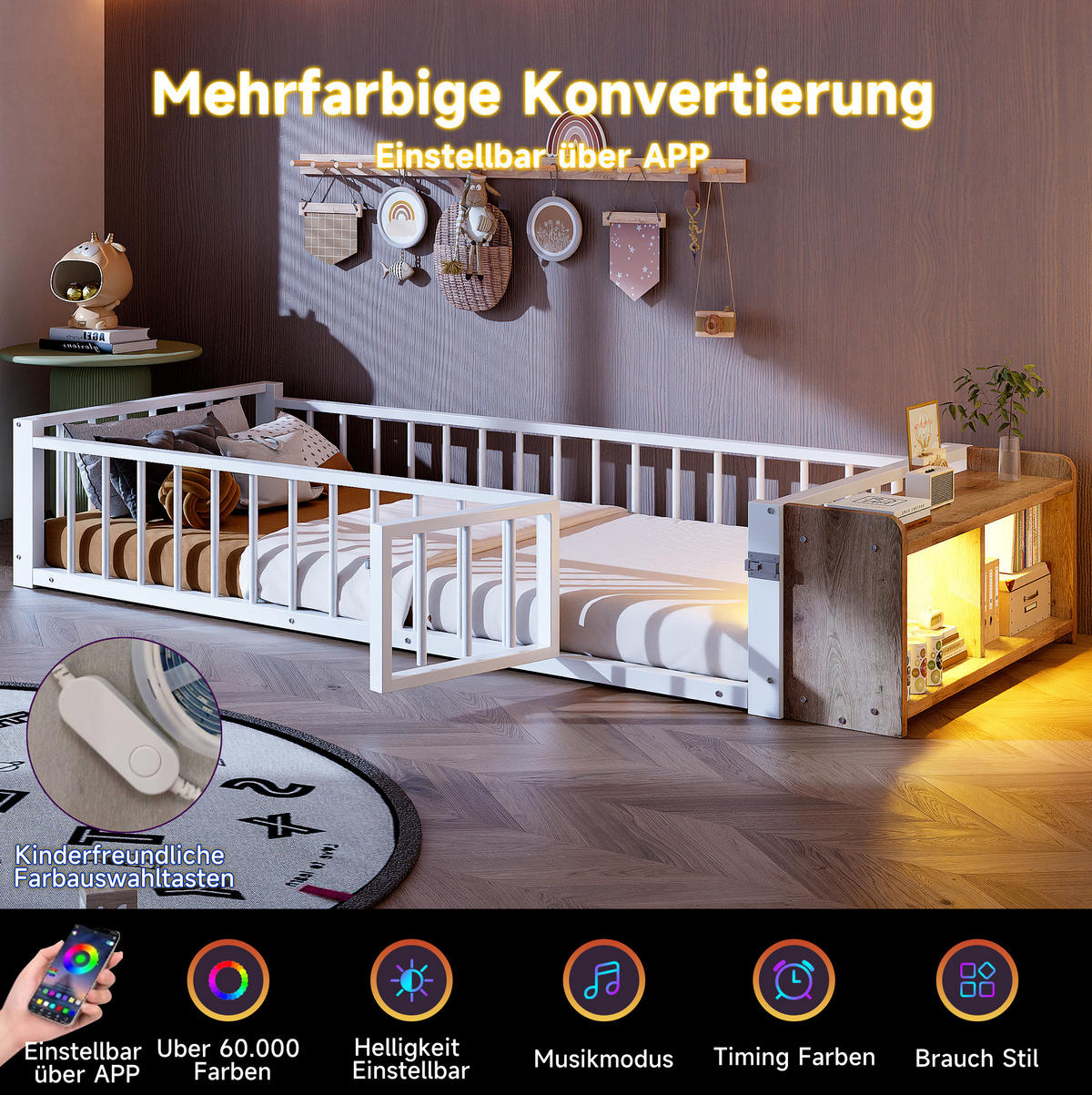 KINDERBETT 90/200 cm in Weiß mit Schutzgeländer, LED-Beleuchtung und Staufach - Weiß, Holzwerkstoff (90/200cm) - BEAOK