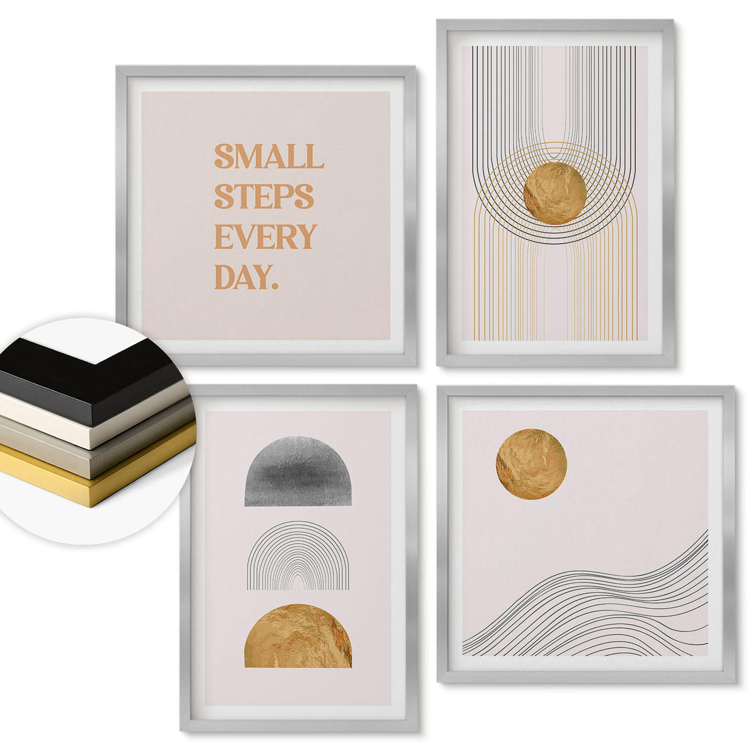 WANDBILDER 4er Set - 50x50 cm & 40x60 cm Silberner Rahmen - Abstrakte geometrische Formen - Silberfarben, Kunststoff (50/50cm) - ArtPrintCave
