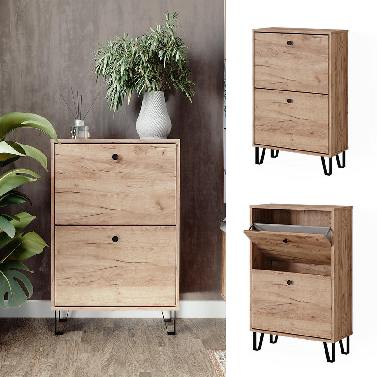 SCHUHKIPPER Siri Goldkraft Eiche 60 x 92 cm mit 2 Klappschubladen - Honigeiche, Holzwerkstoff (60/92/26cm) - Vicco