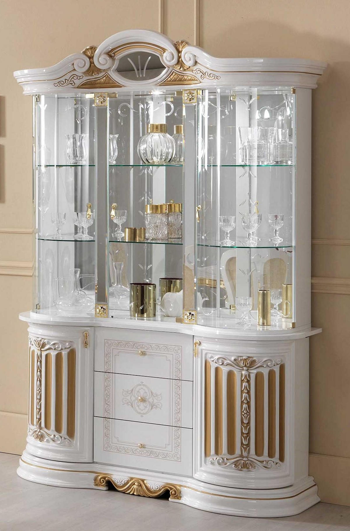 VITRINE BELLA in Weiß/Gold 5-Türig - Weiß Hochglanz/Goldfarben, Holzwerkstoff/Metall (139/213/50cm) - Interdesign24