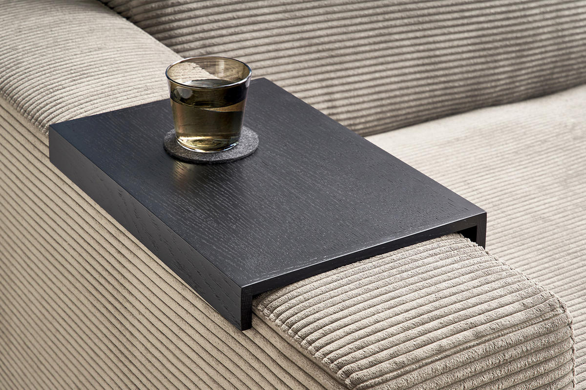 BIG SOFA XL MIT TABLETT SCHWARZ MADELINE Steingrau Cord - Greige/Schwarz, Kunststoff/Textil (290/85/190cm) - KAWOLA