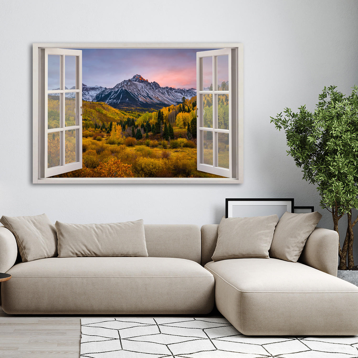 WANDBILD fensterblick berge wald natur - Gelb, Textil (60/40cm) - Feeby