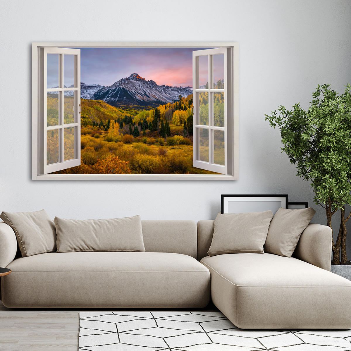 WANDBILD fensterblick berge wald natur - Gelb, Textil (60/40cm) - Feeby