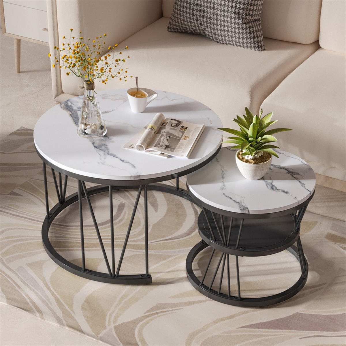 COUCHTISCH 2er-Set - Runder Couchtisch in Marmoroptik mit V-Metallgestell - Weiß und Schwarz - Schwarz, Holzwerkstoff (70/70/45cm) - DELFA