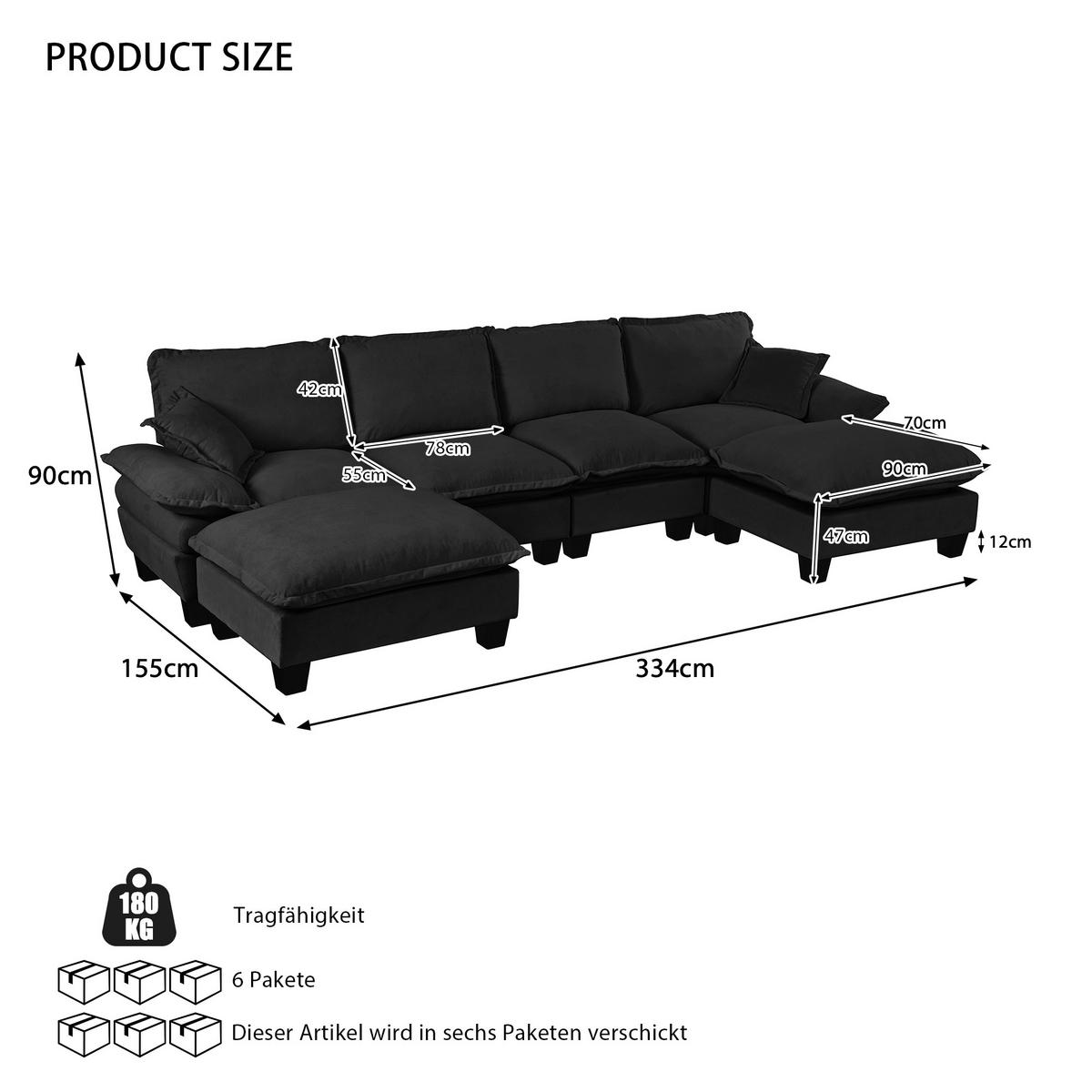 WOHNLANDSCHAFT Schwarz 332/151/90 cm 6-Sitzer Modular mit Hocker - Schwarz, Textil (332/90/151cm) - PANGIVO