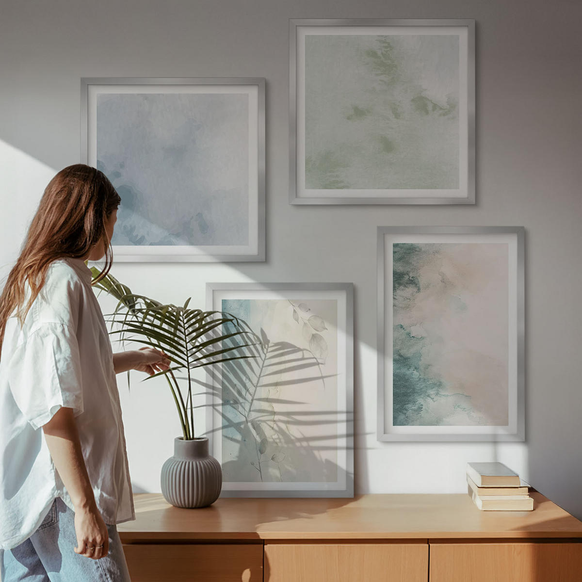 BILDER SET 4er Set - 50x50 cm & 40x60 cm Silberner Rahmen - Aquarell-Leinwandstil - Silberfarben, Kunststoff (50/50cm) - TULUP