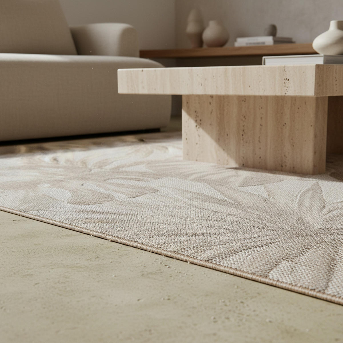 TEPPICH Outdoor Flachgewebe Tropenmuster Polypropylen Terrasse Beige Läufer 80x150 - Beige, Textil (80/150cm) - KADIMA DESIGN