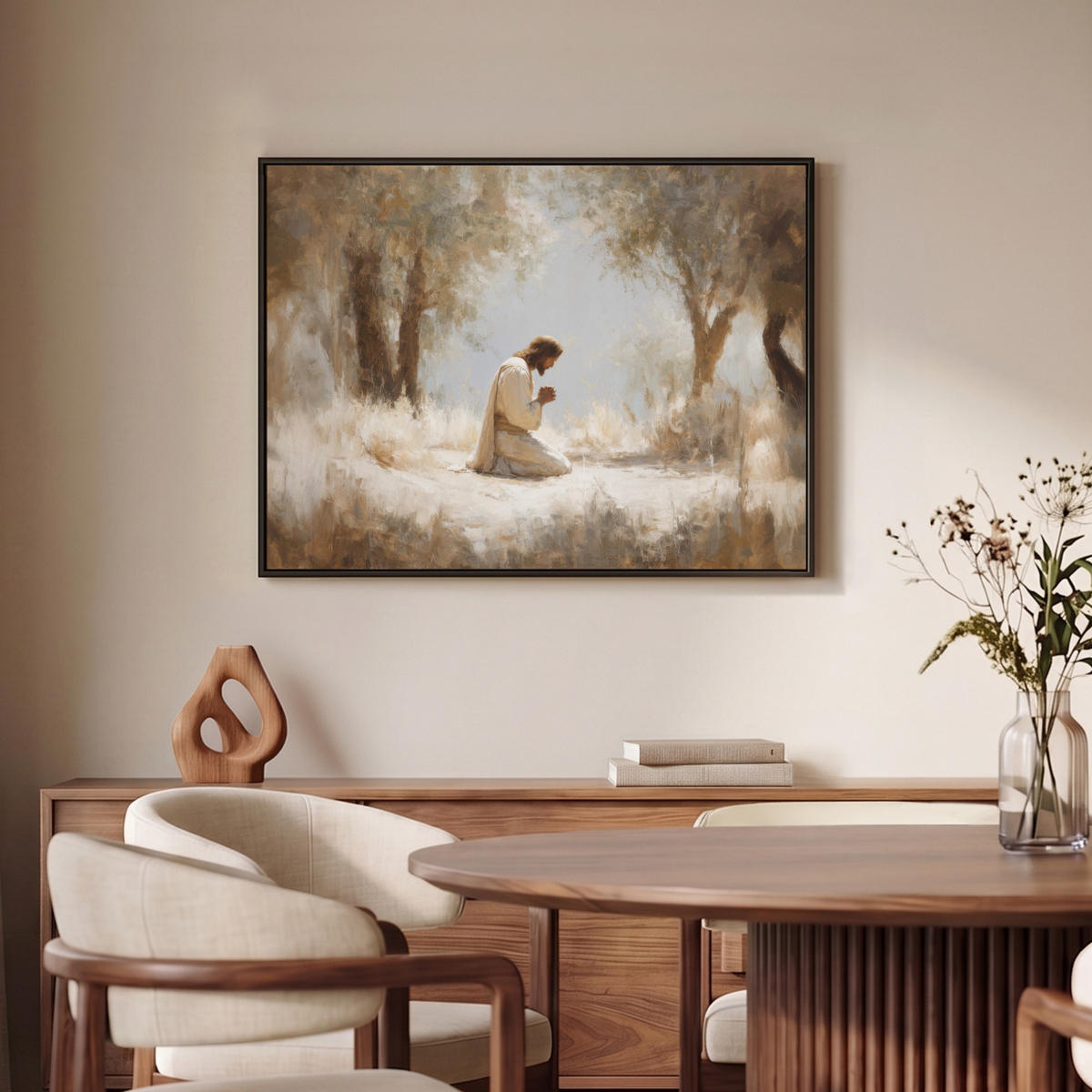 LEINWAND Bilder mit Rahmen - Jesus - Kniend - Waldlandschaft - Betend - 80x60 - Beige, Textil (80/60cm) - MuchoWow