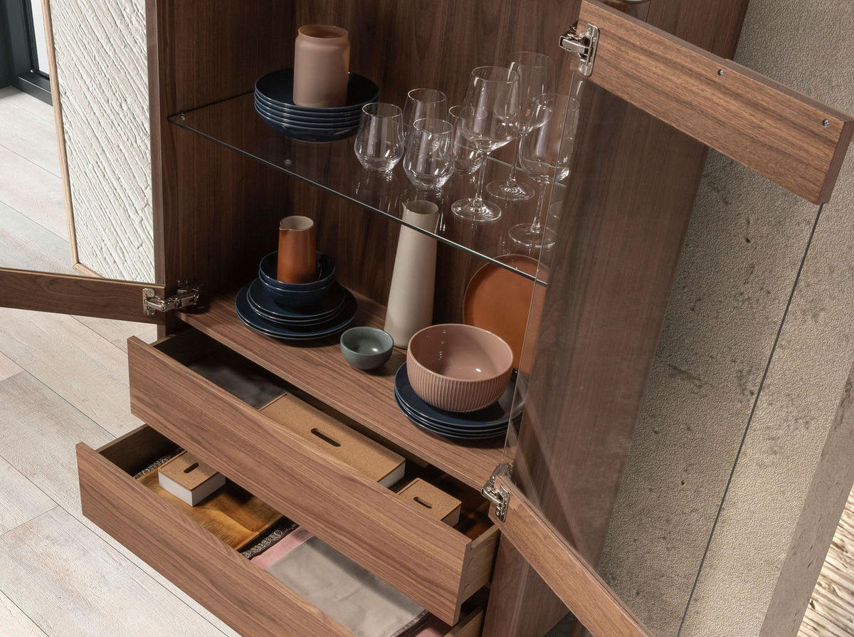 HIGHBOARD Hohe Anrichte aus Nussbaumholz mit Glasplatte aus Marmorimitation und Innenbeleuchtung 99/40/161 cm - Transparent/Walnussfarben, Holz (99/161/40cm) - ANGEL CERDA