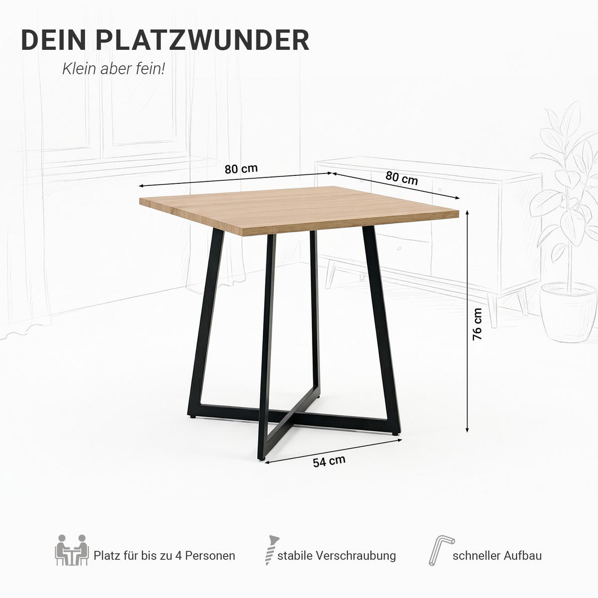 ESSTISCH in Eiche Schwarz 80/80/76 cm - Schwarz/Weiß, Holzwerkstoff/Metall (80/80/76cm) - Homestyle4u