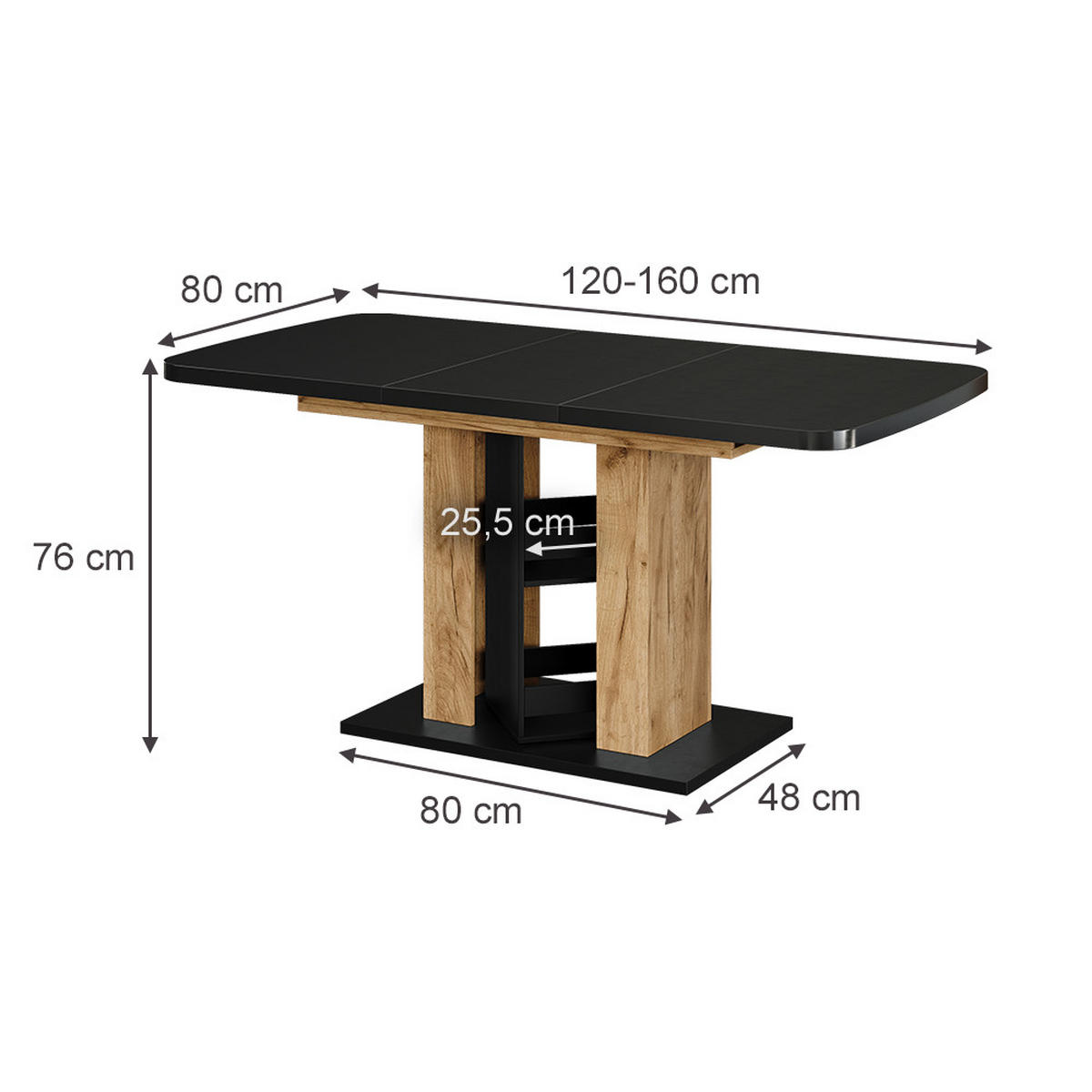 ESSTISCH Fenaro Schwarz/Goldkraft Eiche 120 x 80 cm - Honigeiche/Schwarz, Holzwerkstoff (80/120/76cm) - Vicco