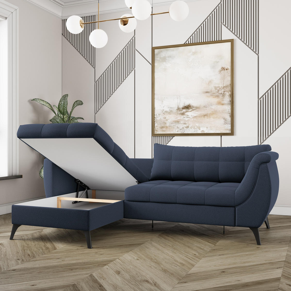 ECKSOFA MOLLIS Blau Geflochtener-Stoff mit Schlaffunktion - Blau, Holz (241/154cm) - MASSENO