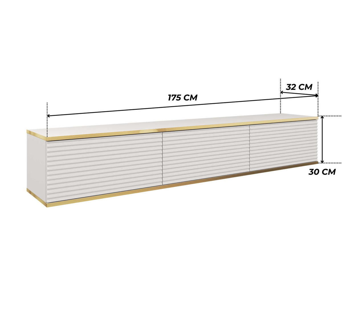 TV-BOARD FORNO (Hängend, Weiß, Rillenfront, Goldene Details, 3 Klapptüren, 175 cm) - Weiß, Holz/Holzwerkstoff (175/30/32cm) - Ravio
