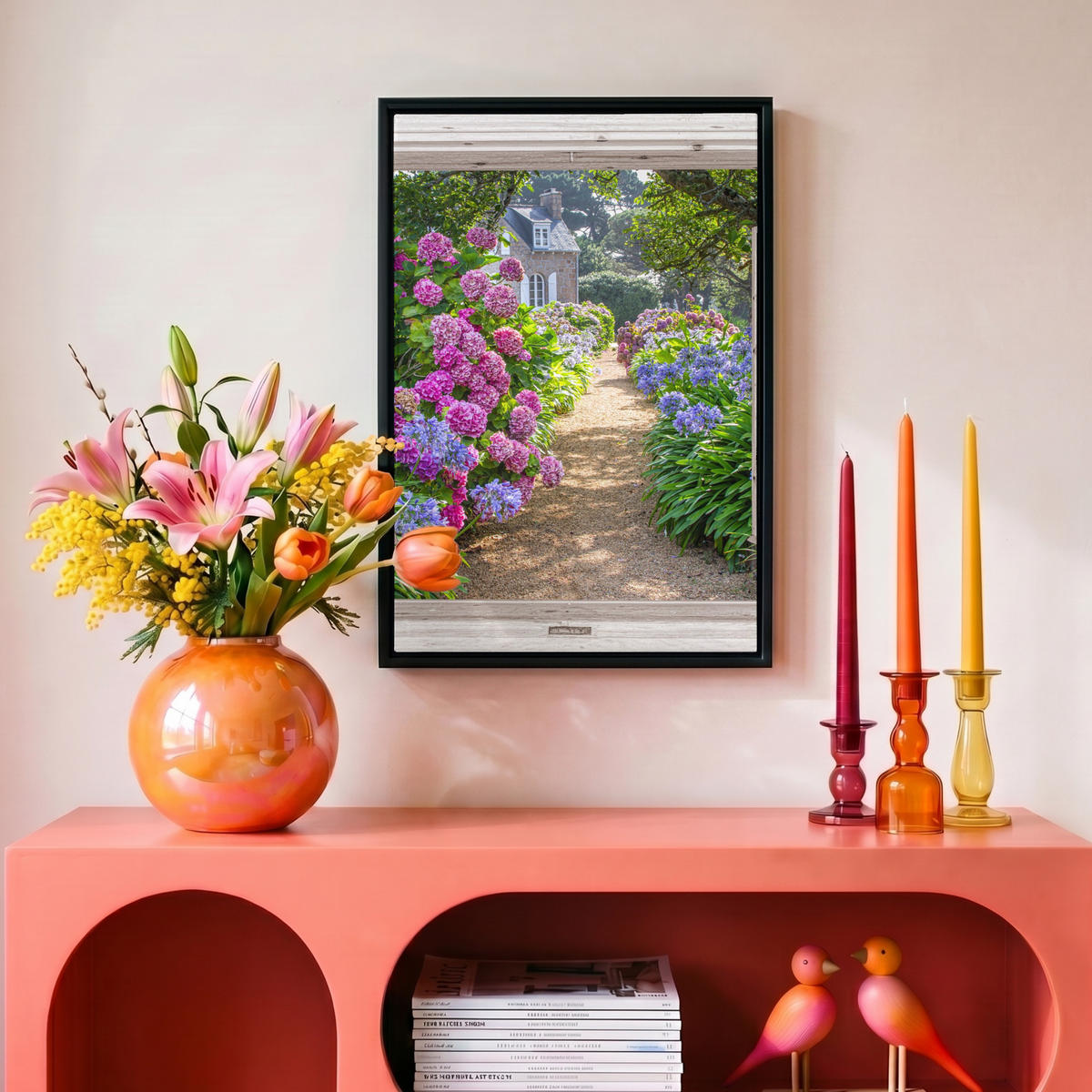 LEINWAND Bilder mit Rahmen - Hortensie - Durchsichtig - Blumen - Sommer - Lila - Weg - 20x30 - Lila, Textil (20/30cm) - MuchoWow
