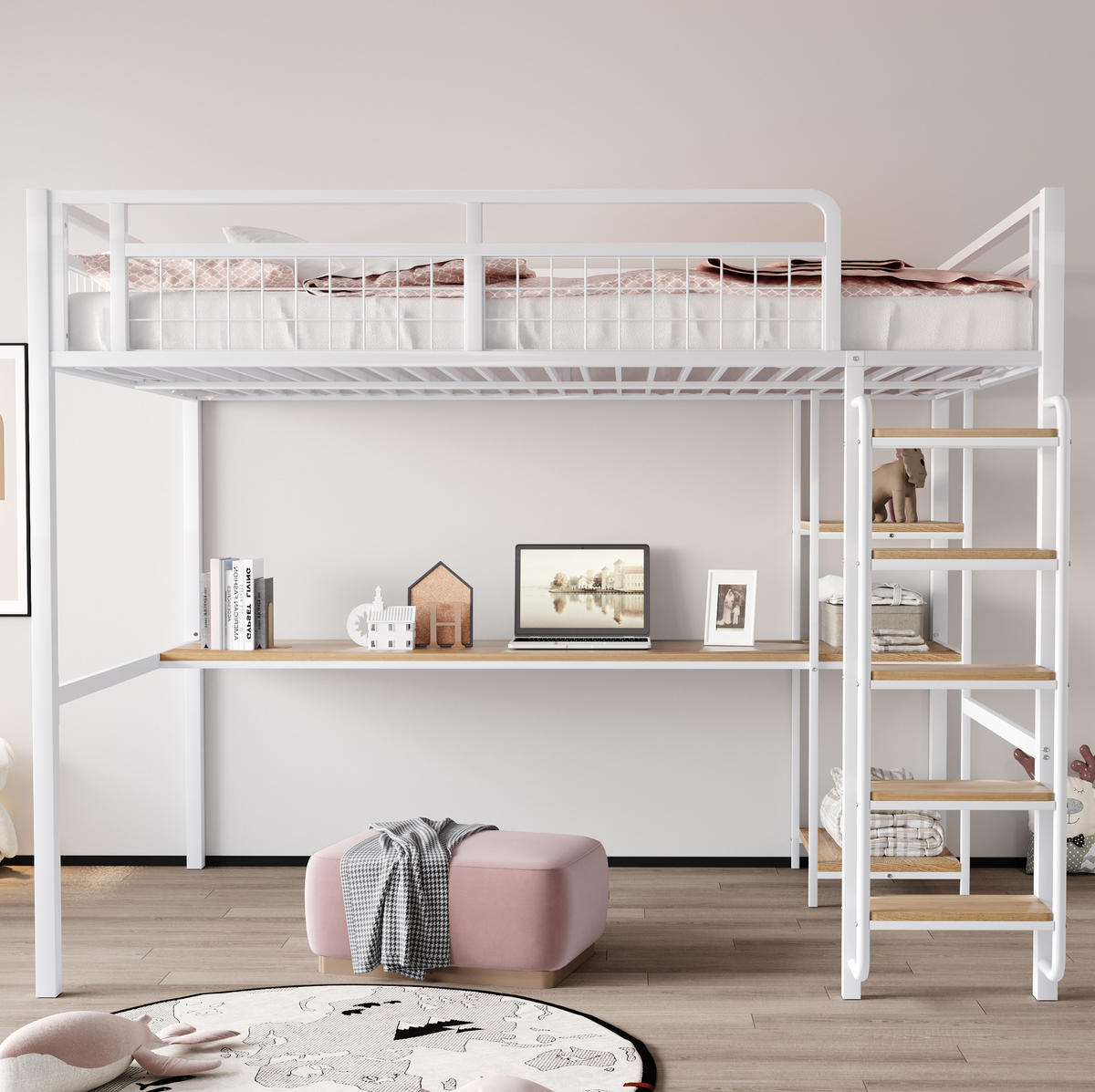 HOCHBETT mit Schreibtisch 140/200 cm in Weiß – aus Metall mit Regal und Leiter - Weiß, Metall (140/200cm) - BEAOK
