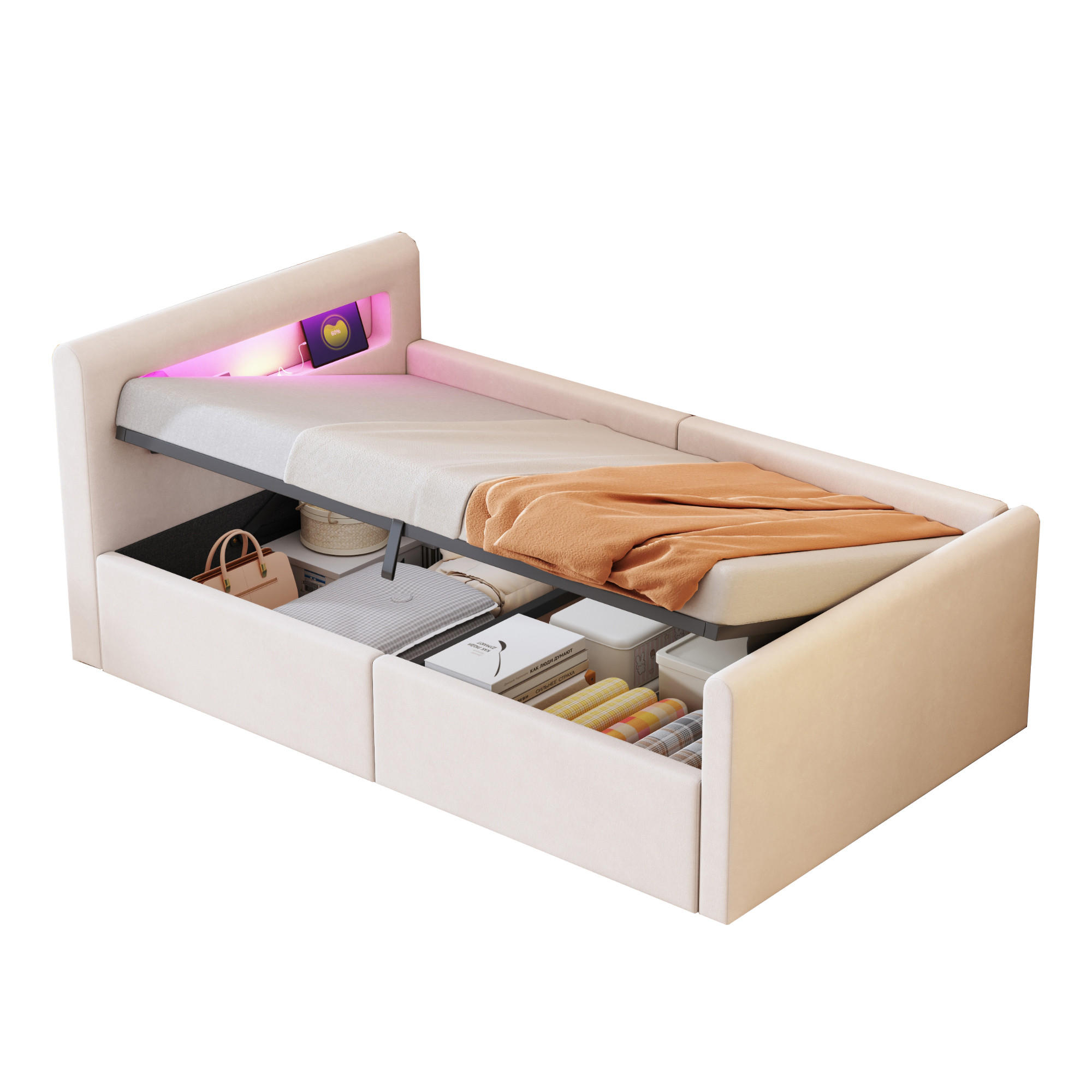 CHICFURN ČALOUNĚNÁ POSTEL 90/200 cm v béžové barvě se sametem, LED, USB a úložným prostorem