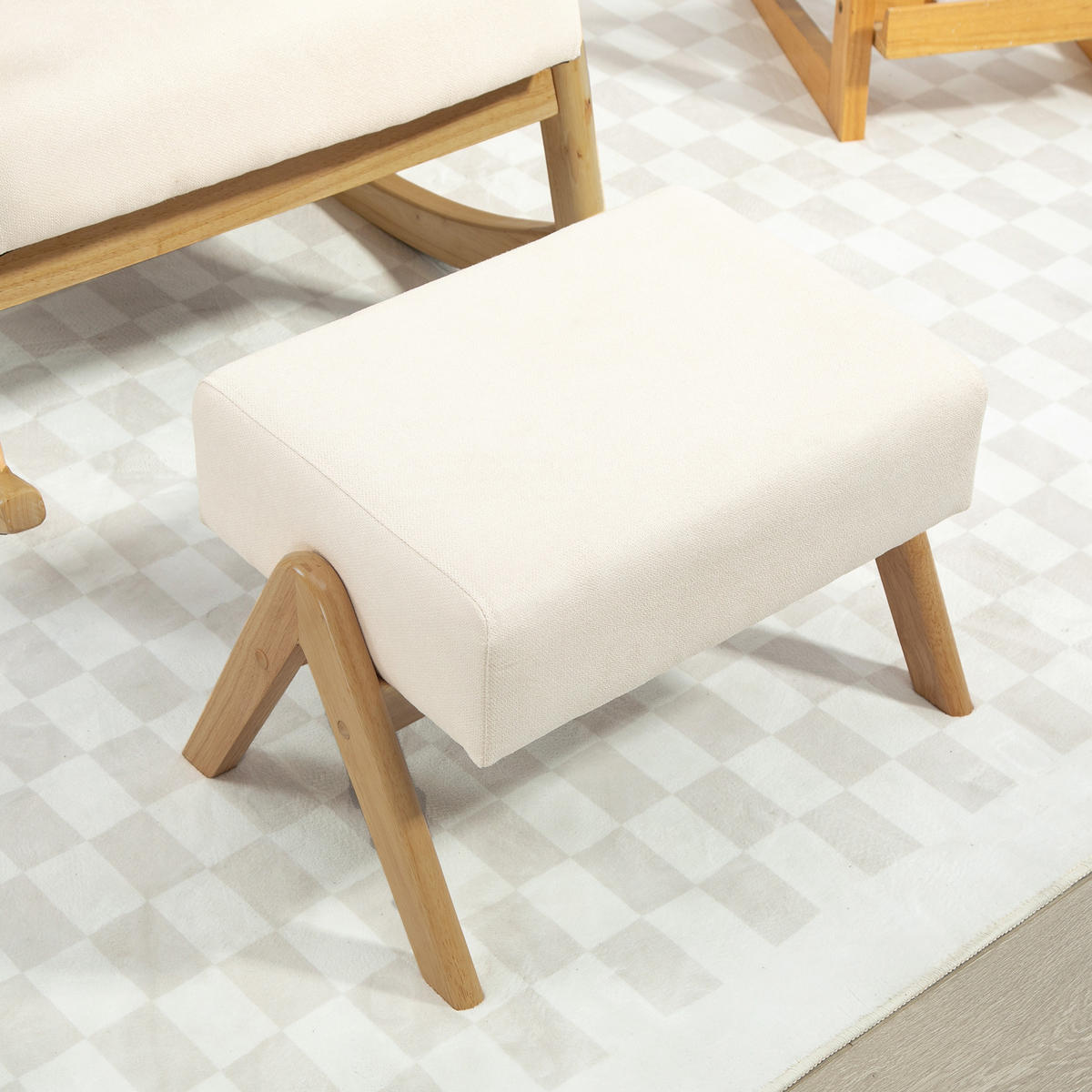 SCHAUKELSTUHL mit Hocker, Weiche Polsterung, Leinenoptik, Holzrahmen, Cremeweiß - Weiß, Textil (65/94.5/96cm) - HOMCOM