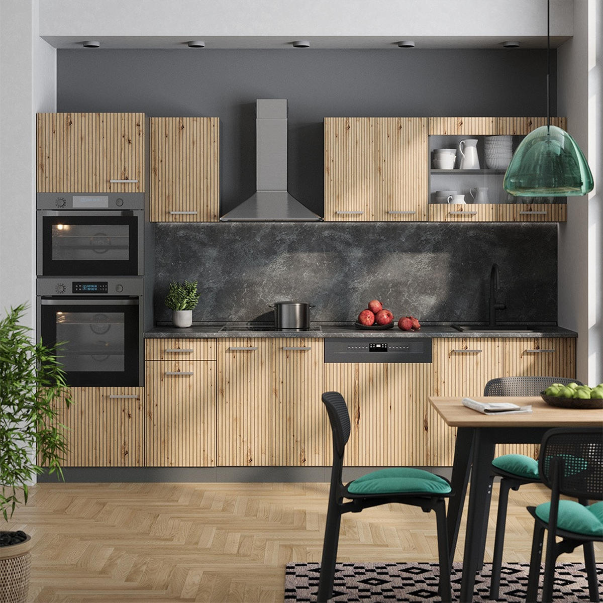 KUCHYŇSKÝ KOUT R-Line Řemeslný dub 300 cm s vysokou skříní, s pracovní deskou - antracitová/dub artisan, kompozitní dřevo (300/206.8/60cm) - Vicco
