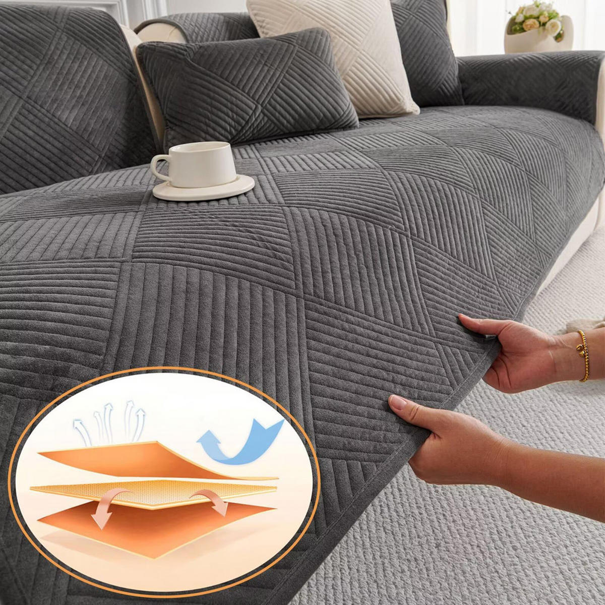 SOFADECKE Neue Universelle rutschfeste Dunkelgrau 1 Stück - Dunkelgrau, Textil (70/70cm) - Kaket