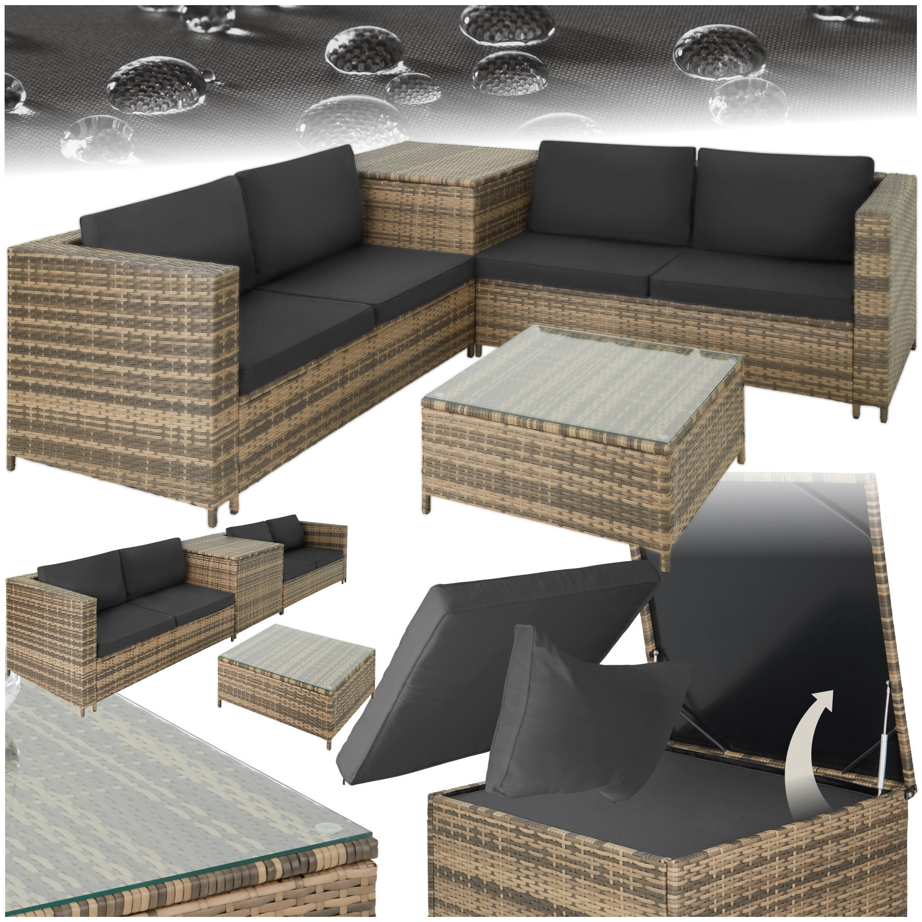 RATTANLOUNGE Siena,mit Sicherheitsglasplatte,natur/dunkelgrau - Naturfarben, Kunststoff - tectake