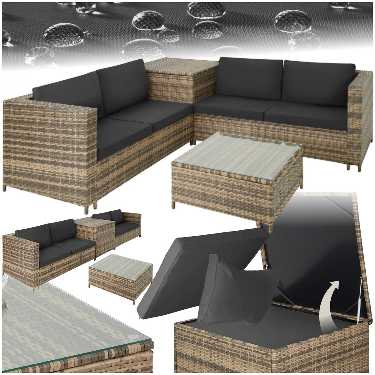 RATTANLOUNGE Siena,mit Sicherheitsglasplatte,natur/dunkelgrau - Naturfarben, Kunststoff - tectake
