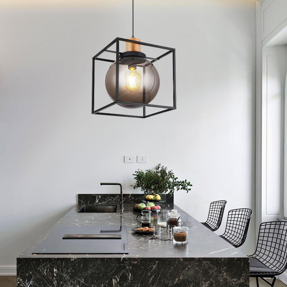 HÄNGELEUCHTE HILKO Schwarz Metall - Schwarz, Holz (28/28/120cm)