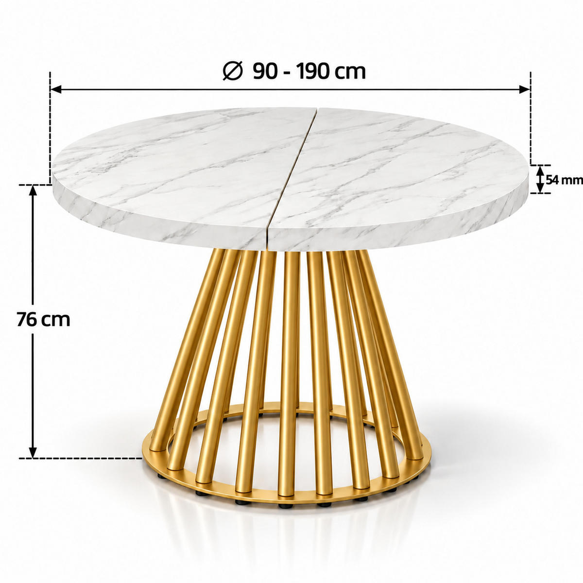 ESSTISCH rund ausziehbar 90/190/76 cm, Marmor, 54 cm Tischplatte + Lamellen-Metallgestell Gold - Goldfarben/Hellgrau, Holzwerkstoff/Metall (90/190/76cm) - Damale Möbel