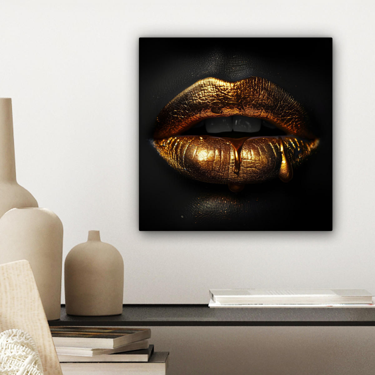 LEINWANDBILD Frau - Porträt - Lippen - Gold - Schwarz Deko Wohnzimmer 20x20 cm - Schwarz, Textil (20/20cm) - MuchoWow