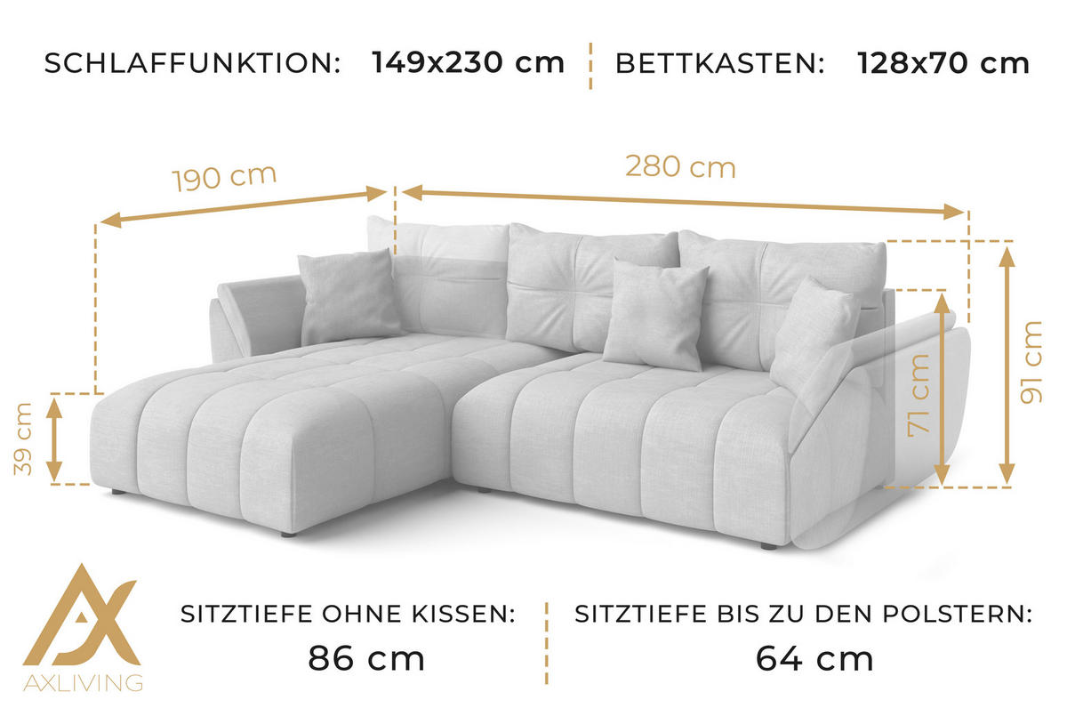 ECKSOFA L Form Antalya Graphit 280/190/91 cm – mit Bettkasten - Schwarz/Grau, Kunststoff/Textil (280/190cm) - AX Living