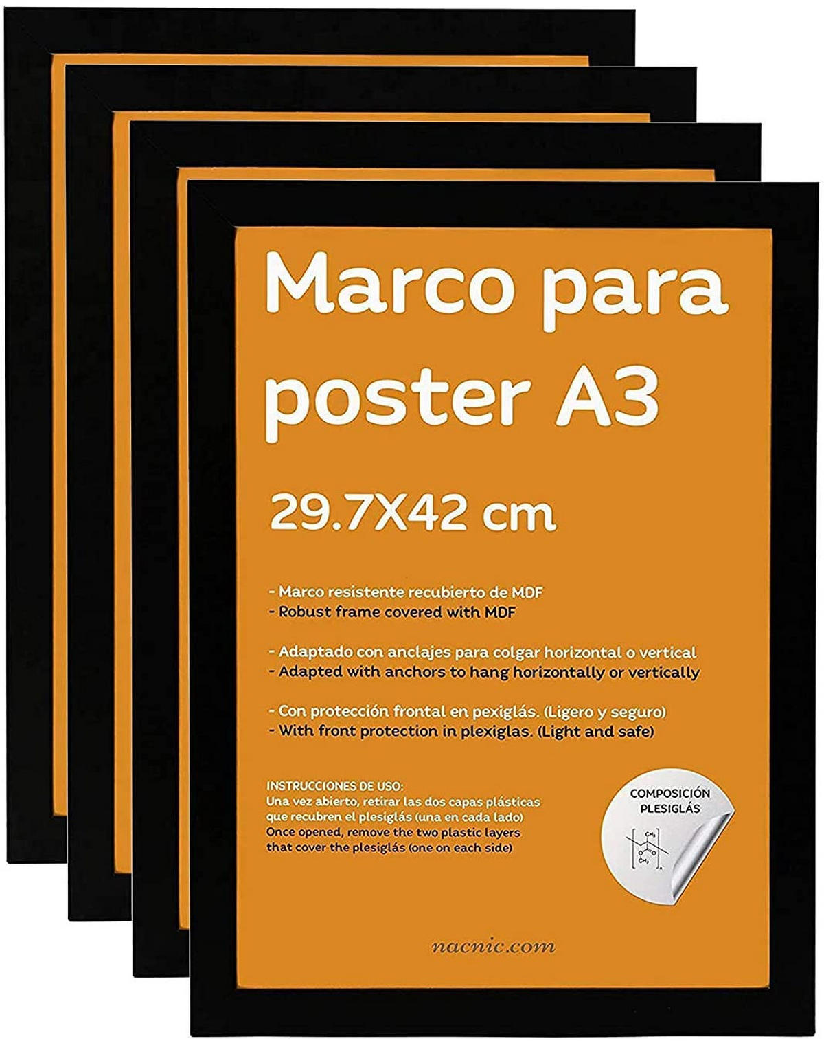 RAHMEN Set mit 12 aus MDF und Acrylglas Schutz und Aussteller für Fotografien, Bilder, Poster, Gemälde, Dekoration für Haus Farbe Schwarz A3 - Schwarz, Holz (29.7/3/42cm) - Nacnic
