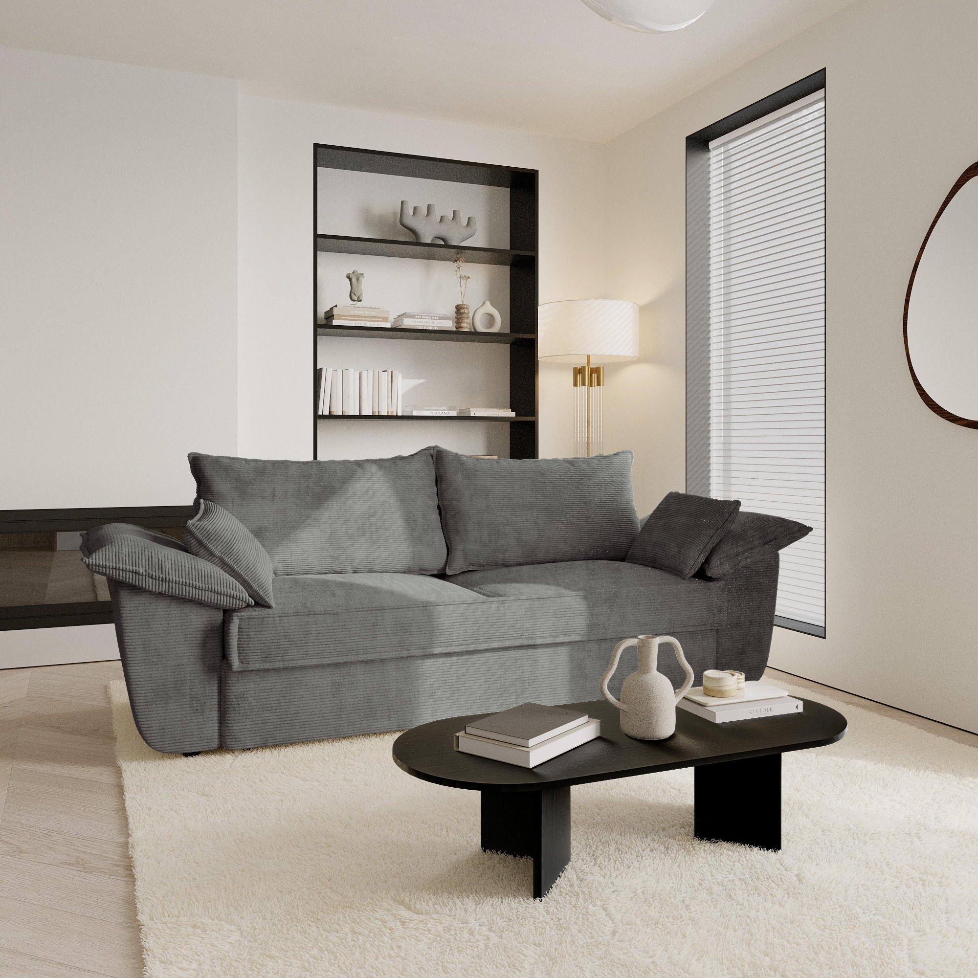 SOFA 3-Sitzer Gerippter Samt Anthrazitgrau 232cm - Dunkelgrau/Anthrazit, Textil (232/92/102cm) - Sia Home
