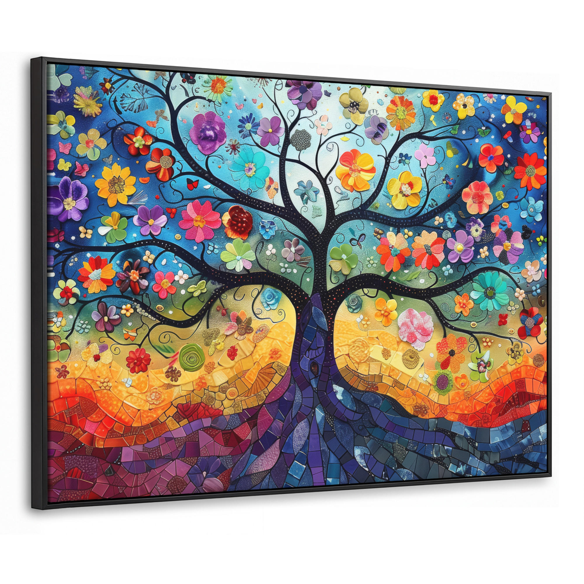 LEINWAND Bilder mit Rahmen - Kunst - Baum des Lebens - Blumen - Hippie - 100x70 - Dunkelblau, Textil (100/70cm) - MuchoWow