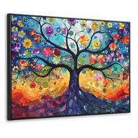 LEINWAND Bilder mit Rahmen - Kunst - Baum des Lebens - Blumen - Hippie - 100x70 - Dunkelblau, Textil (100/70cm) - MuchoWow
