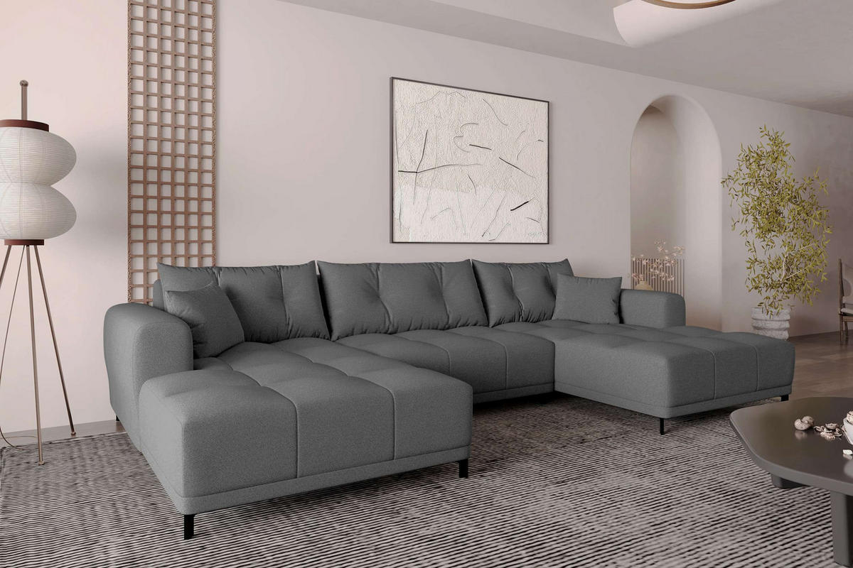 WOHNLANDSCHAFT Strukturstoff Anthrazit inkl. Schlaffunktion - Anthrazit/Schwarz, Textil/Metall (348/94/181cm) - 99rooms