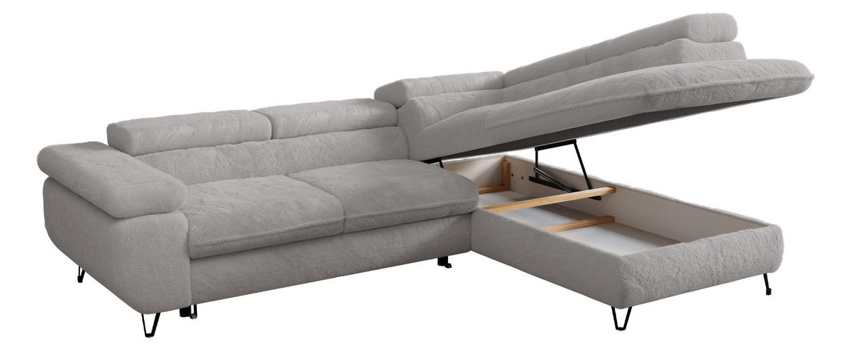 ECKSOFA PETER L Hellgrau Plüsch - Rechts Seite - Hellgrau/Schwarz, Textil/Metall (273/208cm) - MKS