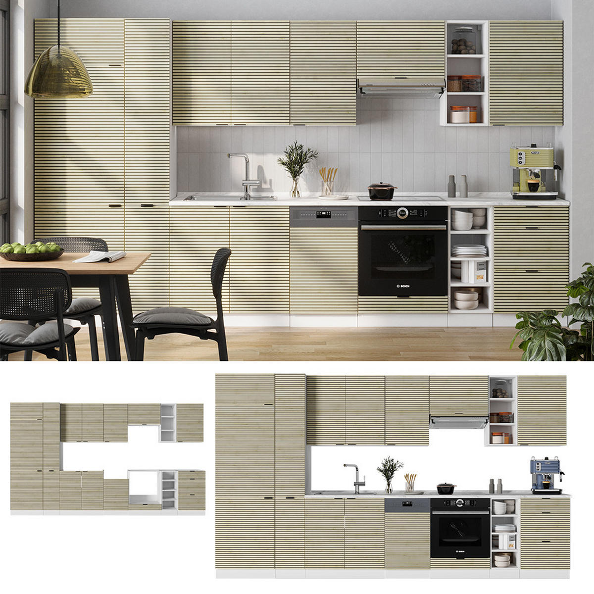 KÜCHENZEILE Fame-Line Eiche Paneel/Weiß 355 cm , AP Anthrazit - Hellbraun/Weiß, Holzwerkstoff (355/81.6/60cm) - Vicco
