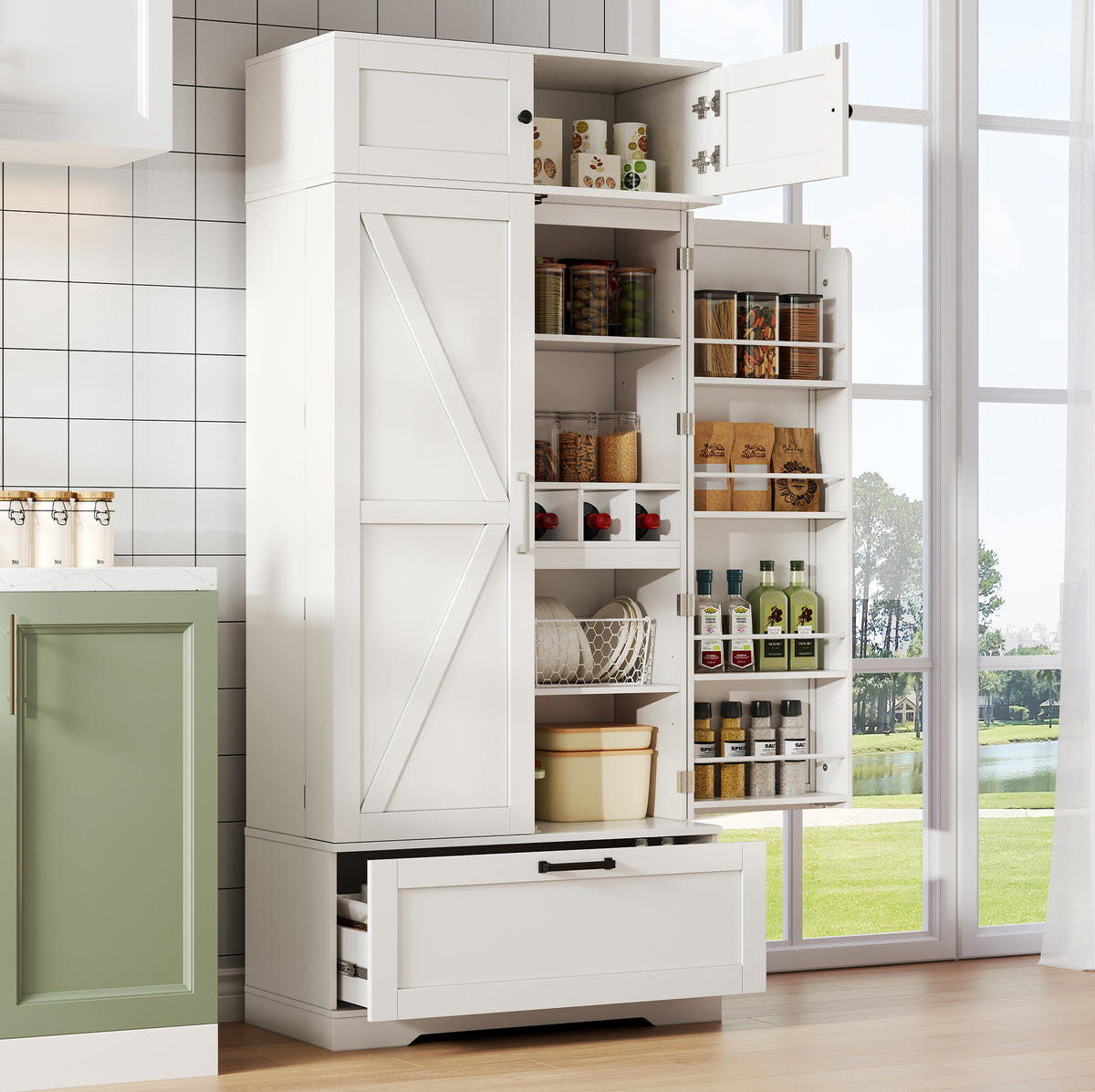 KÜCHENSCHRANK freistehend 80 x 40 x 180 cm mit Weinregal und Schublade Weiß - Weiß, Holzwerkstoff (40/180/80cm) - Meubliv
