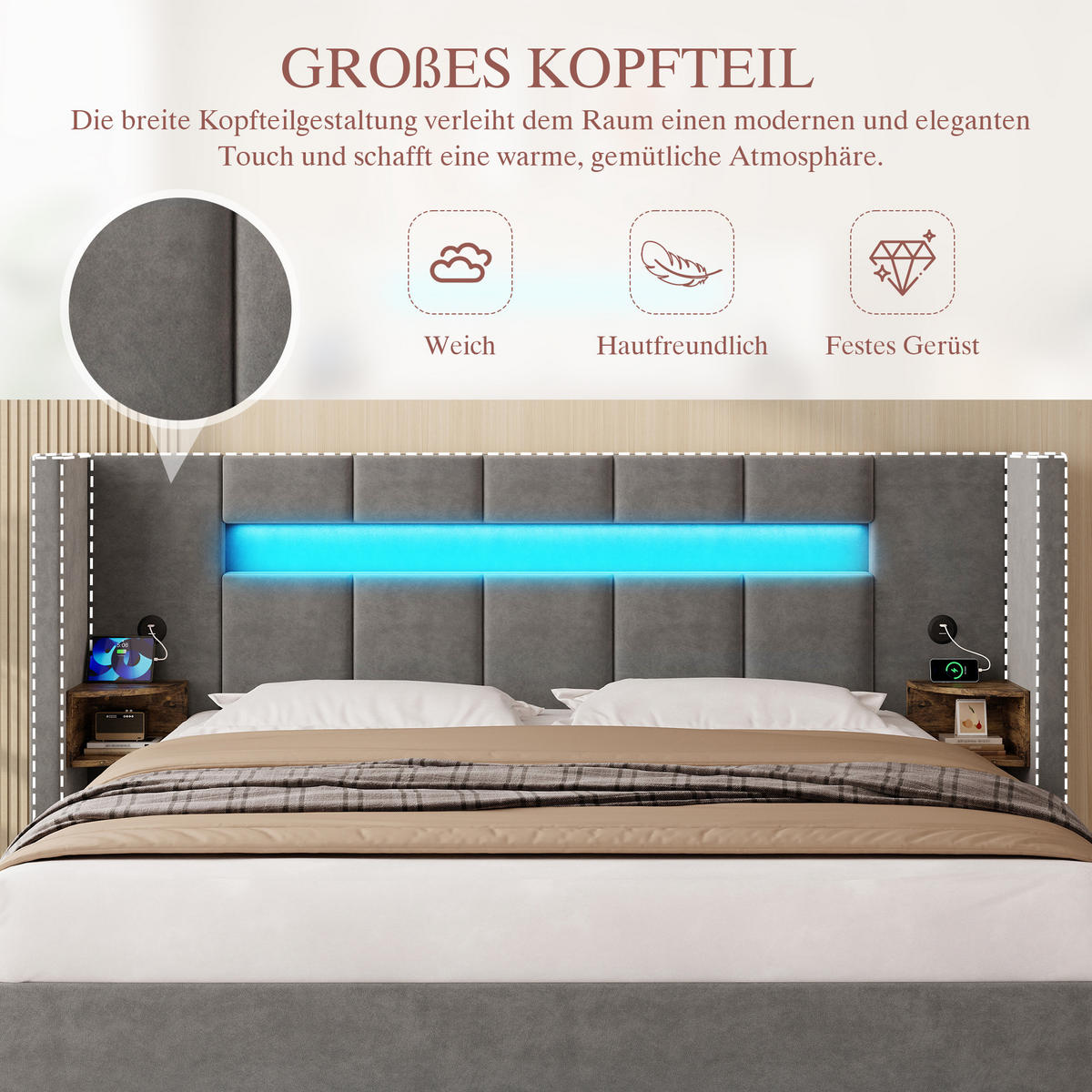 POLSTERBETT 160/200 cm in Dunkelgrau Samt mit USB, LED, Bettkasten und Stauraumschränken - Dunkelgrau, Holzwerkstoff/Textil (160/200cm) - WISHDOR