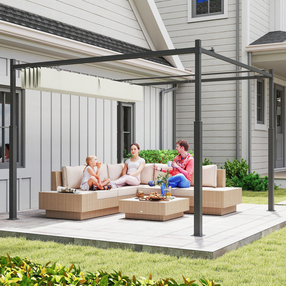 GARTEN-PERGOLA, 3 x 3 m, Ausziehbares Dach und Magnetpad, Outdoor-Baldachin, Garten-Pavillon, UPF30+, Metall, Cremeweiß - Creme, Metall (298/230/298cm)