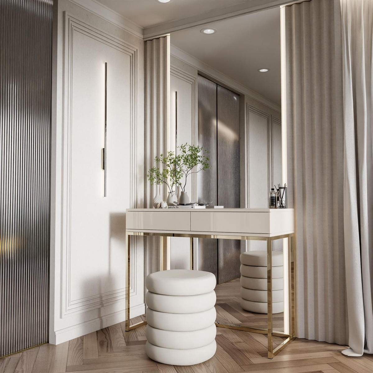 KONSOLE Glamour auf goldchrom Gestell PUSH OPEN - Kaschmir/Goldfarben, Holzwerkstoff (100/81/42cm) - Lookway