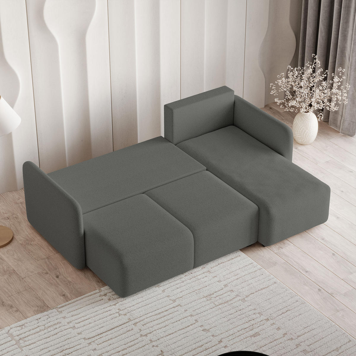 ECKSOFA SUVINO Grau Boucle-Stoff mit Schlaffunktion - Grau, Holz (230/143cm) - MASSENO