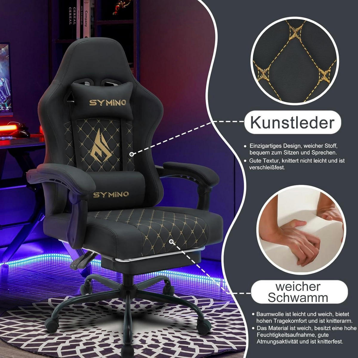 GAMING Stuhl im Racing Style aus Vintage PU Leder, mix - Schwarz, Kunststoff (57/25/85cm)