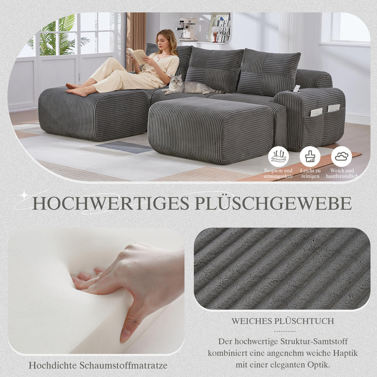 WOHNLANDSCHAFT 268/174/66 cm in Dunkelgrau, modular mit Cupholder und Seitentasche - Dunkelgrau, Textil (174/80/268cm) - Flora Grace