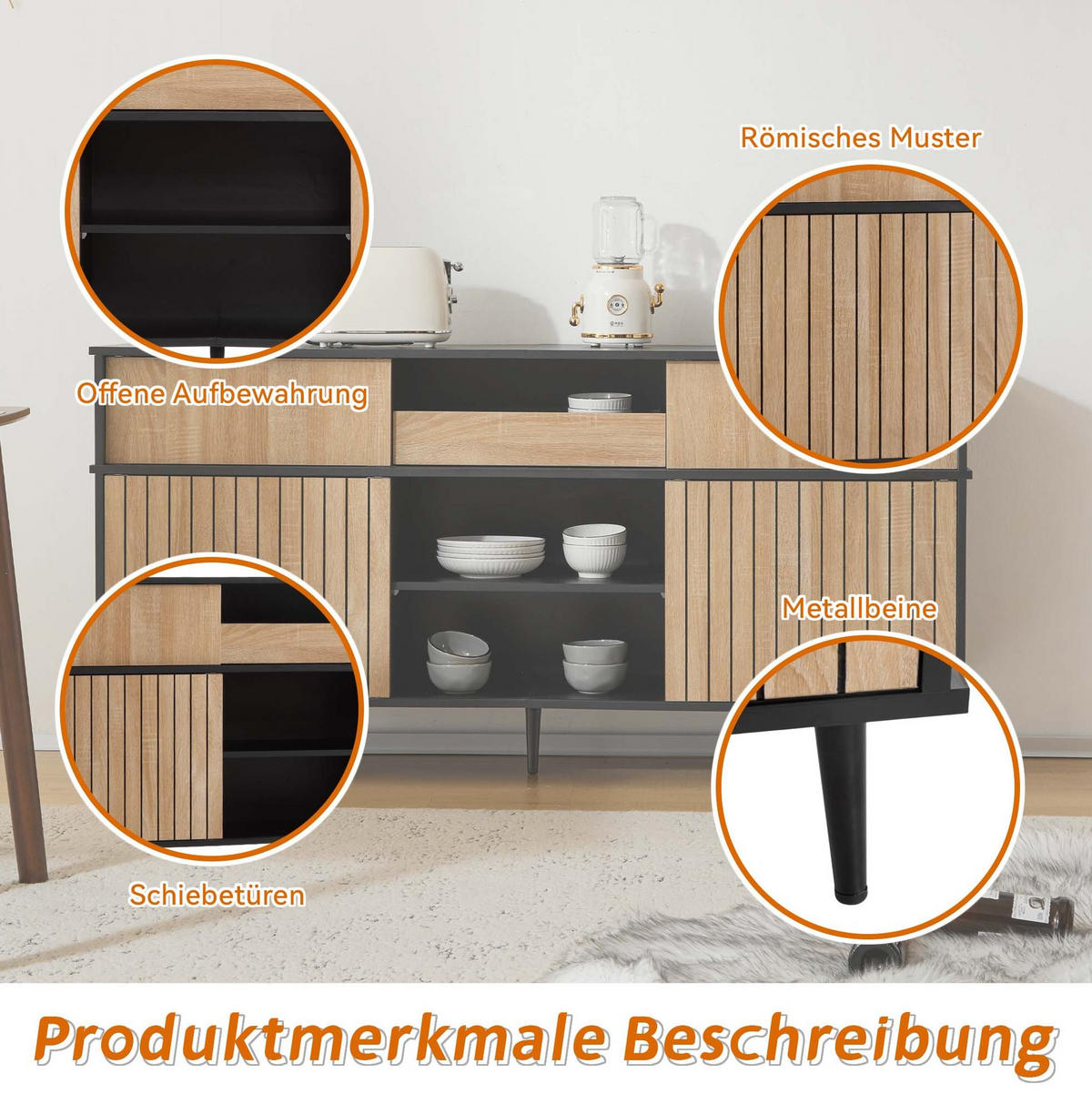 KOMMODE aus Spanplatte 40x160x80 cm Schwarz/Natur mit 4 Schiebetüren, 1 Schublade und verstellbaren Regalen - Schwarz, Holzwerkstoff (160/80/40cm) - Modfu