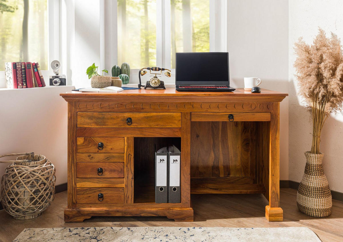 SCHREIBTISCH Akazie 140x64x80 honig lackiert OXFORD #0511 - Braun, Holz (64/140/80cm) - Massivmoebel24