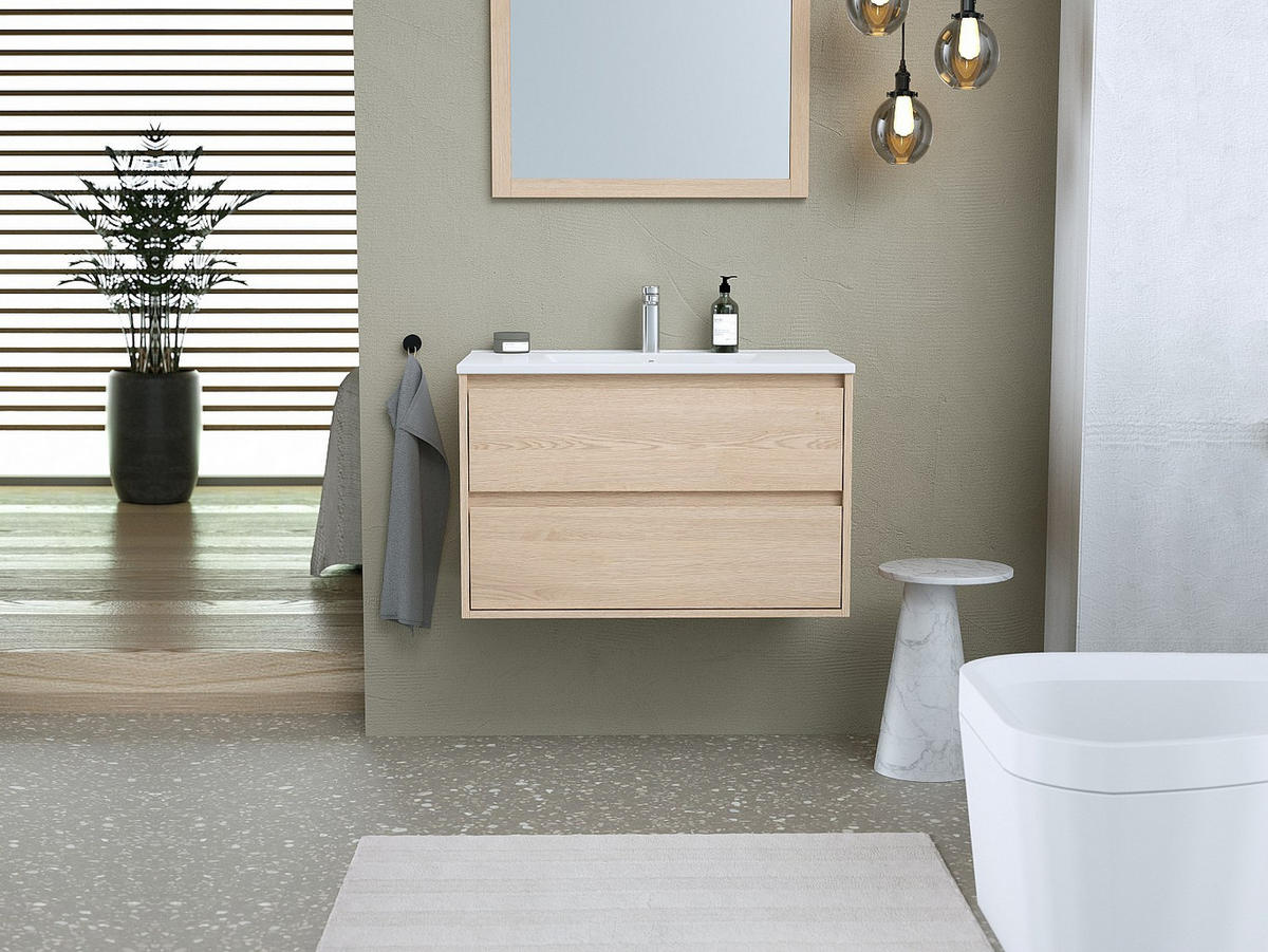 EINZELWASCHTISCH - 80 cm x 45 cm - holz - naturfarben hell Milipam - Weiß, Keramik/Holz (80/50/45cm) - Vente-Unique