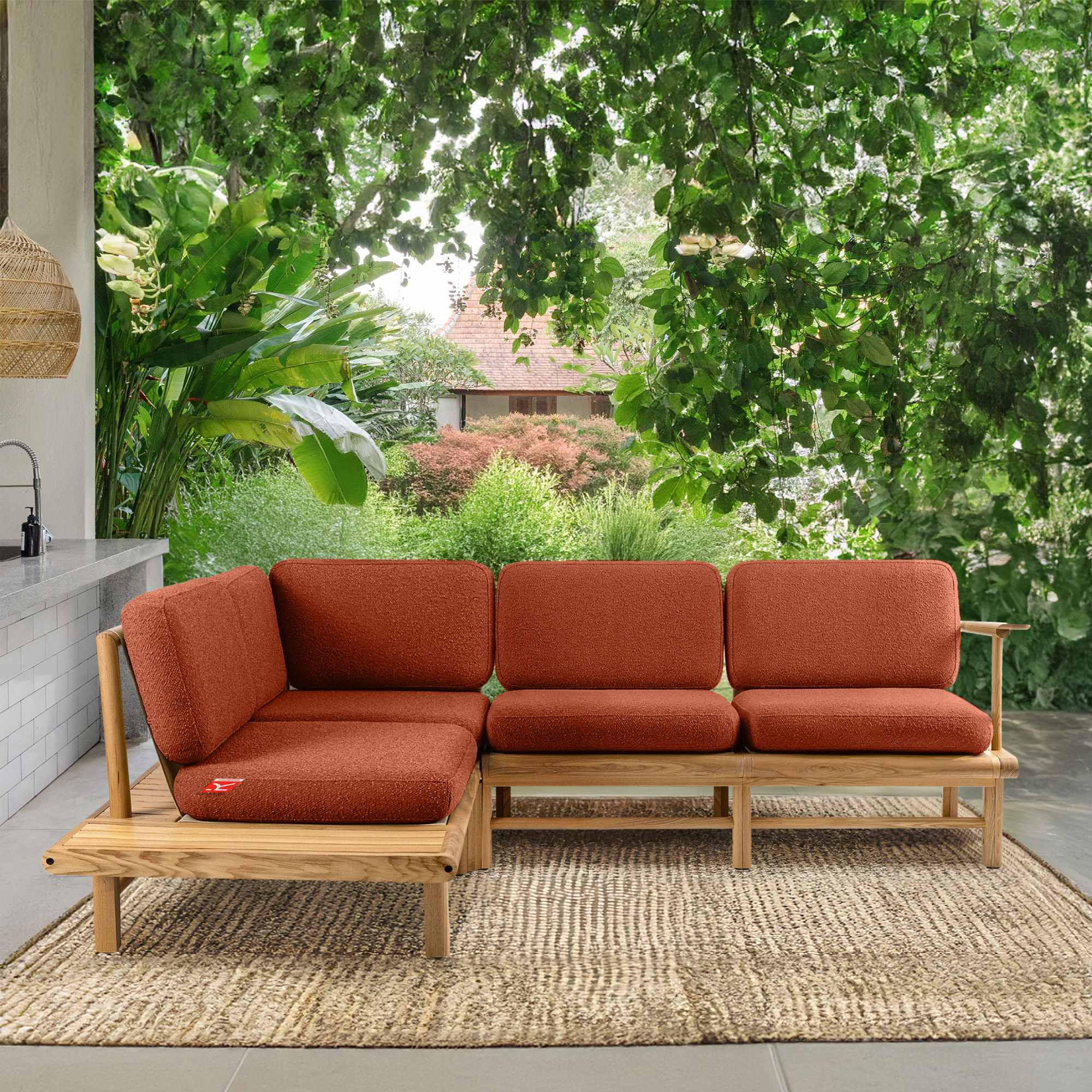 LOUNGESOFA ATREDA links - Orange, Holz/Textil (230/74/175cm) - KONSIMO®