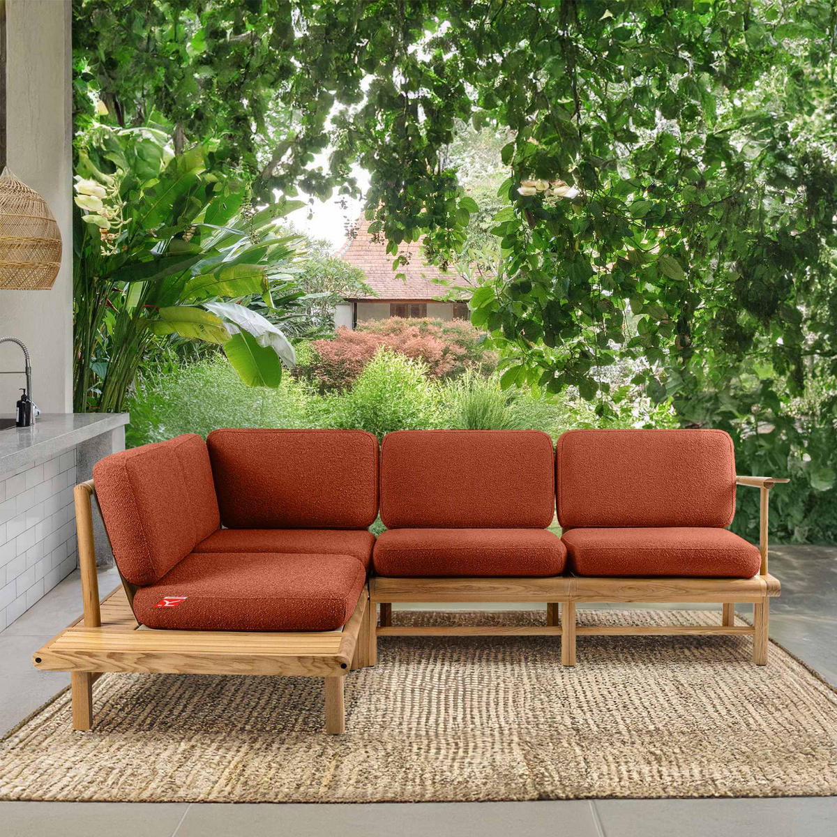 LOUNGESOFA ATREDA links - Orange, Holz/Textil (230/74/175cm) - KONSIMO®