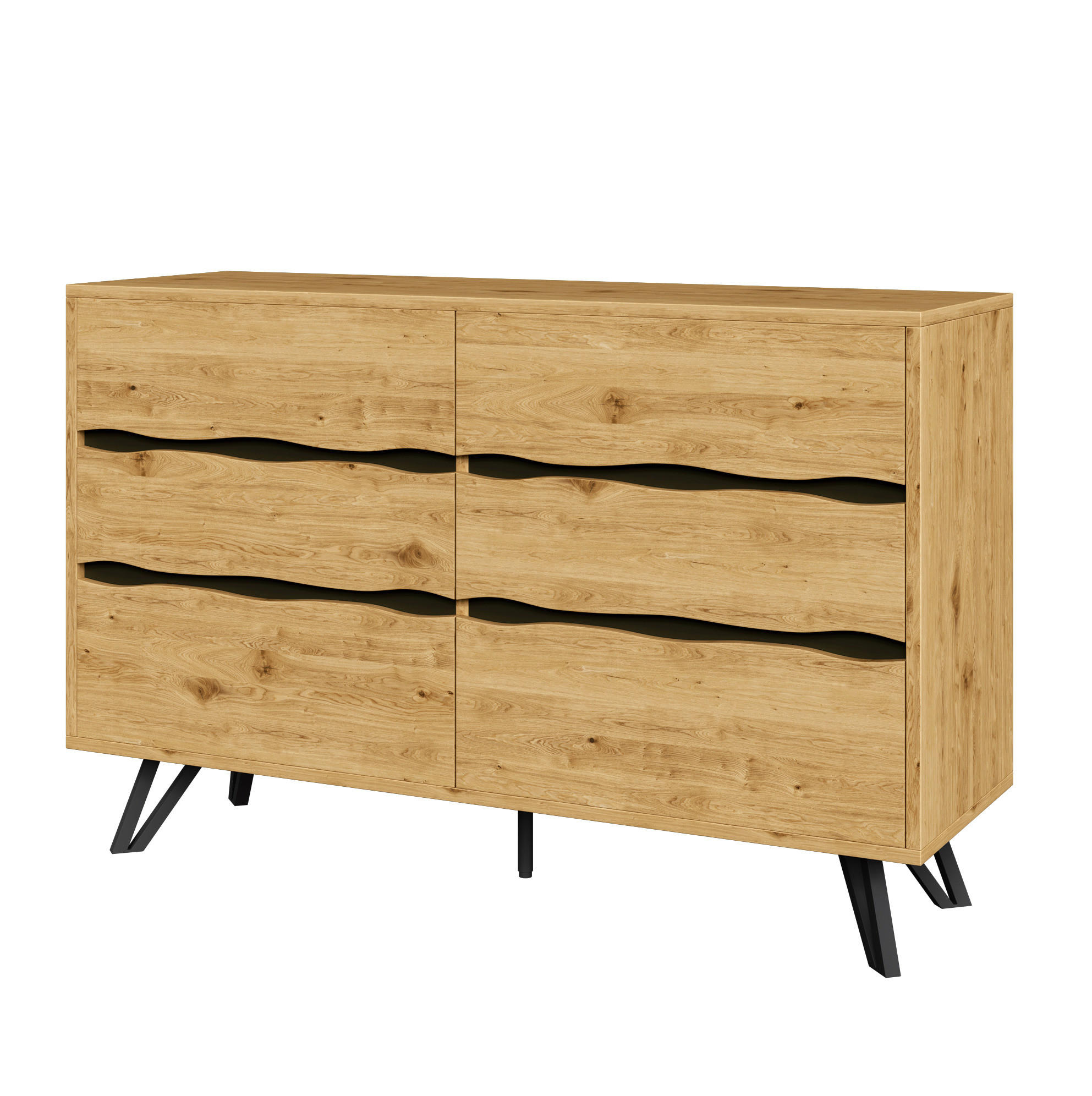 Modfu KOMODA z dřevotřísky 120x40x75,5 cm v dekoru dřeva se 6 zásuvkami a kovovými nohami
