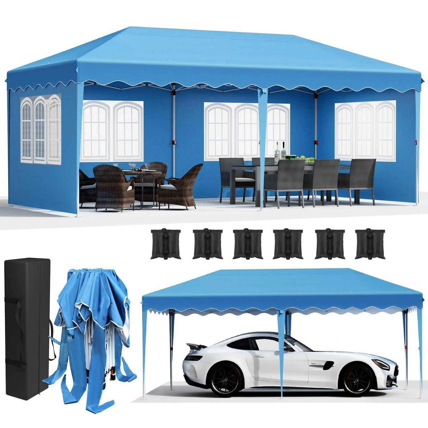 FALTPAVILLON 3x6 m mit 4 Seitenteilen und 6 Sandsäcken, wasserdicht, UV-Schutz 50+ - Blau, Textil (300/270/600cm)